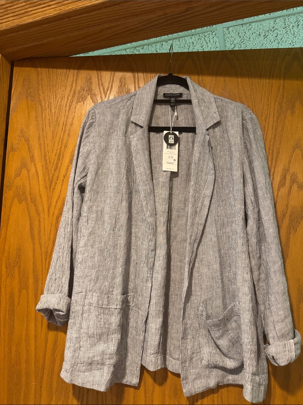 Eileen Fisher Heathered Light Gray Open-Front Linen Blazer
